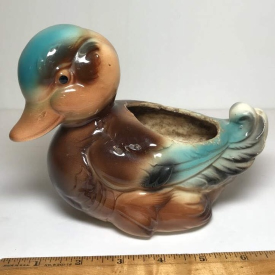 Adorable Early Turquoise & Brown Pottery Duck Planter with Curled Tail