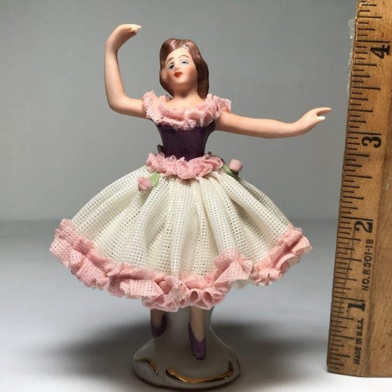 Dresden Ballerina Figurine with Netted Skirt Signed on Bottom