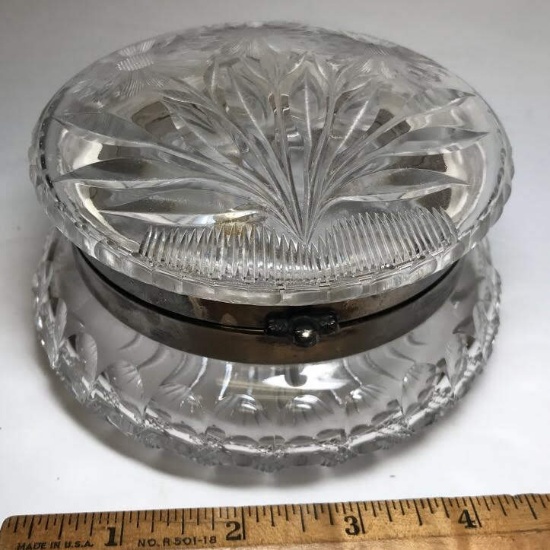 Impressive Etched Crystal Powder Dish w/ Hinged Lid, Silver Plate Center & Floral Thumbprint Design