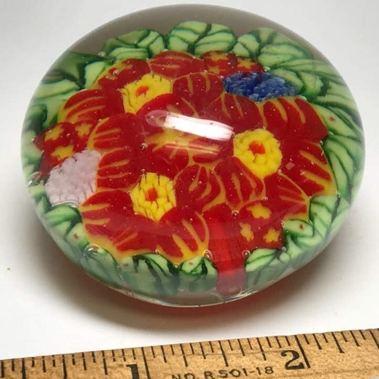 Vintage Floral Art Glass Paperweight