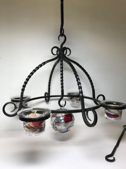 Beautiful Partylite Black Metal Hanging Candle Holder with Glass Mosaic Ball & 2 Hooks