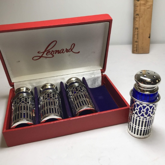 Set of 4 Leonard Cobalt Blue & Silver Plated Salt & Pepper Shakers with Original Box