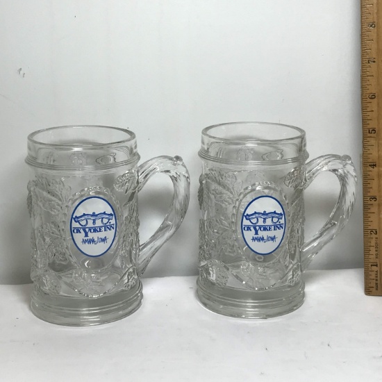 Pair of Embossed Glass Advertisement Mugs “Ox Yoke In” Iowa