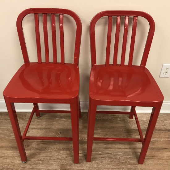 Pair of 2 Red Metal Bar Stools