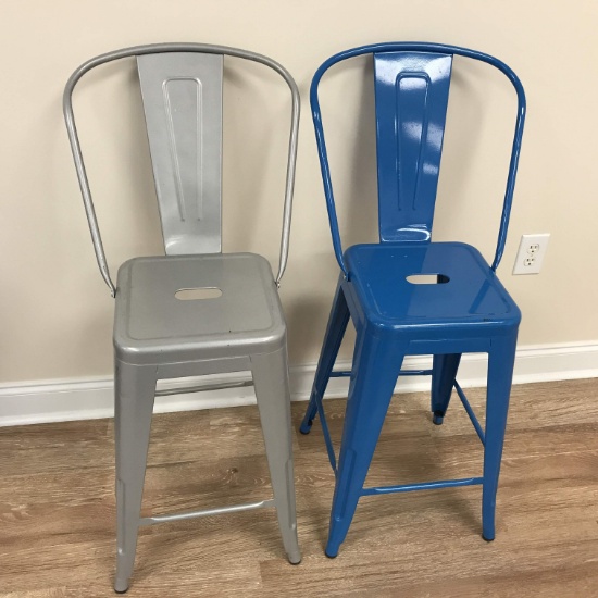 Pair of Metal Blue & Gray Bar Stools