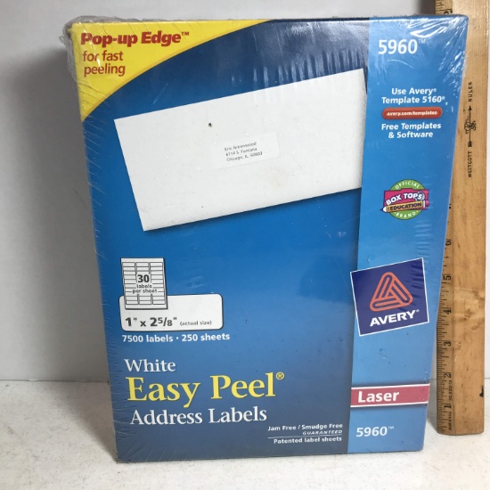 Avery 5960 White Easy Peel Address Labels -7500 with 250 Sheets- Never Opened