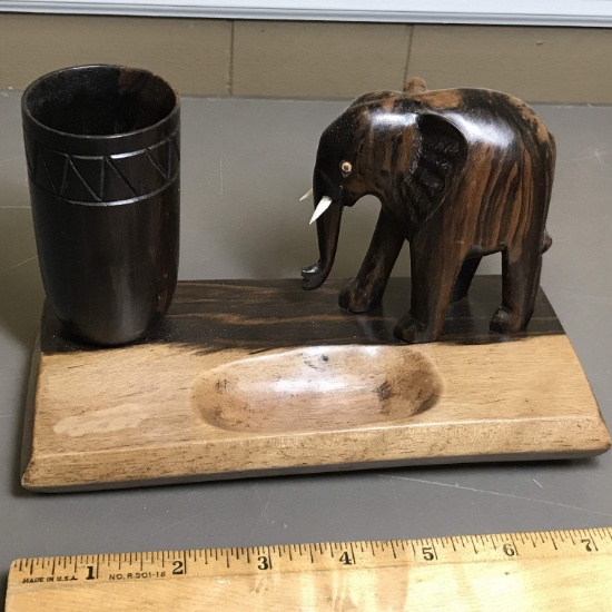 Hand Carved Wooden Elephant & Drum Desk Pen Holder