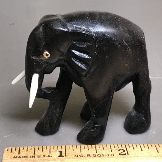 Adorable Carved Wood Elephant Figurine with Tusks