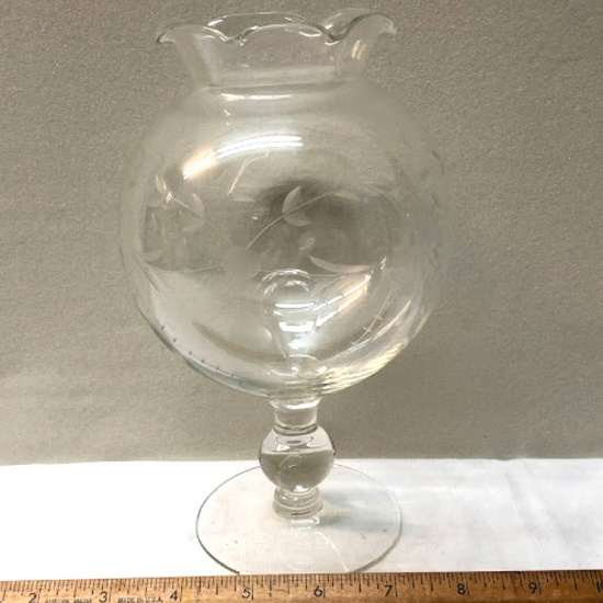 Tall Footed Etched Glass Rose Bowl W/Fluted Edge
