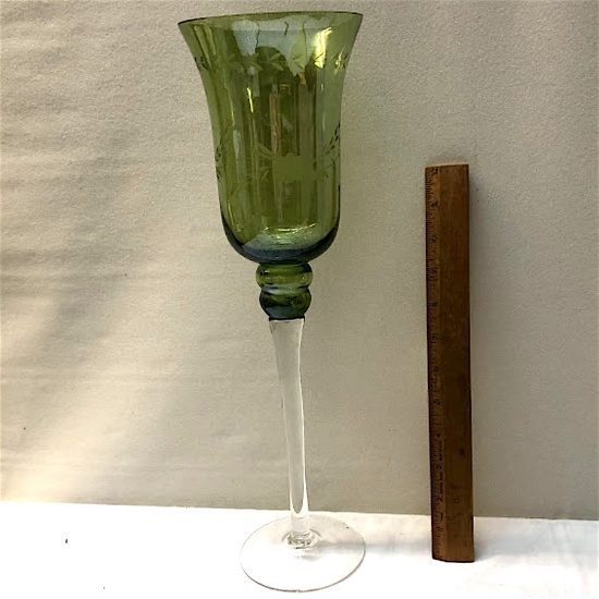 18” Tall Etched Green Tall Compote