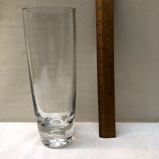 10” Tall Hand Blown Crystal Vase W/Blown Drop Encased In Base