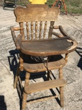 Vintage Wooden High Chair with Ornate Carved Back