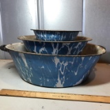 Set of 3 Vintage Blue & White Enamel-Ware Large Bowls