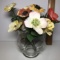 Set of Beautiful Ceramic Flowers in Clear Glass Vase