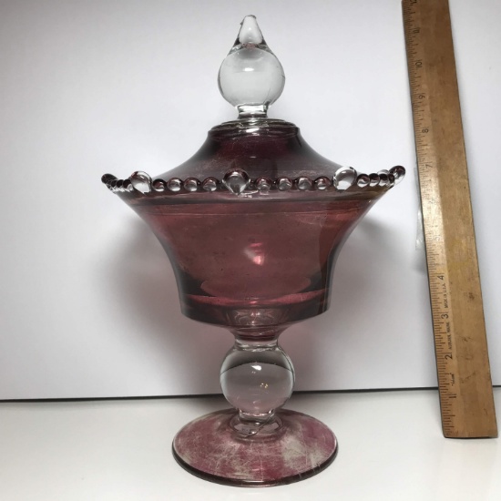 Vintage Cranberry Flashed Pedestal Candy Dish w/ Lid