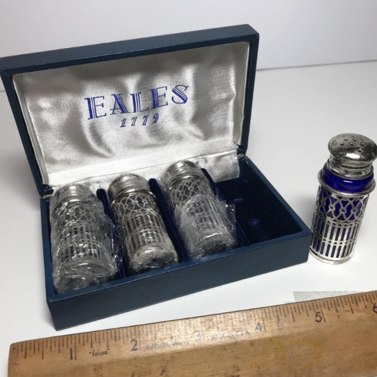 4 pc Set of Eales Silver Plate & Cobalt Shaker Set in Box - Made in Japan