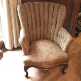 Vintage Channel Back Side Chair with Queen Anne Wood Legs & Paisley Style Pattern