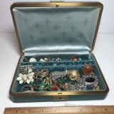 Vintage Jewelry Box Full of Vintage Pins & Clip-on Earrings