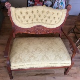 Antique Tufted Back Carved Cherry Love Seat