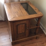 Oak Side Table with Glass Top, Cabinet & Shelves