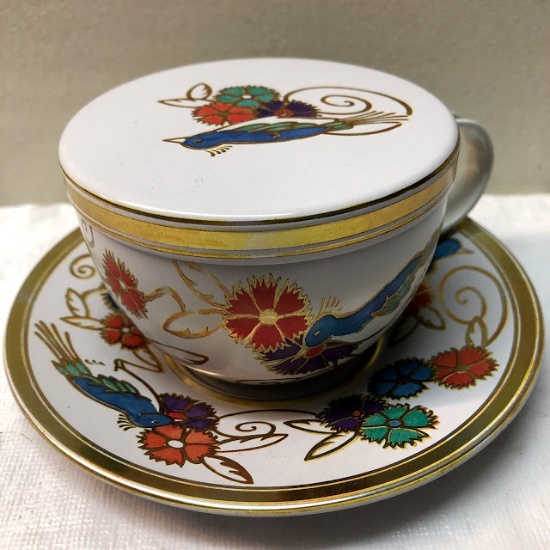 Unique Lidded Tin Tea Cup and Saucer with Flowers and Gold Trim Created by Elite Gift Boxes