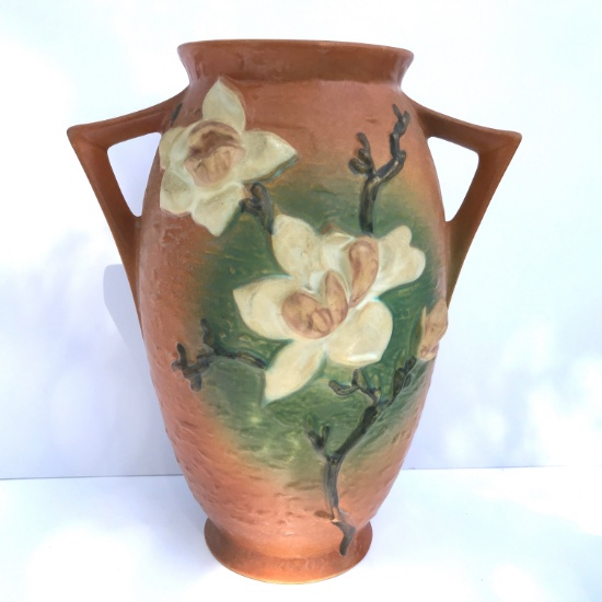 Gorgeous Vintage Roseville Pottery Double Handled 12-1/2” Vase Signed on Bottom