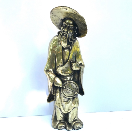 Vintage Heavy Brass Oriental Man with Hat Statue 13-1/2” tall