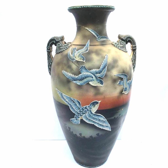 Large Gorgeous Pottery Vase with Bird Scene Measures 18-1/2” tall