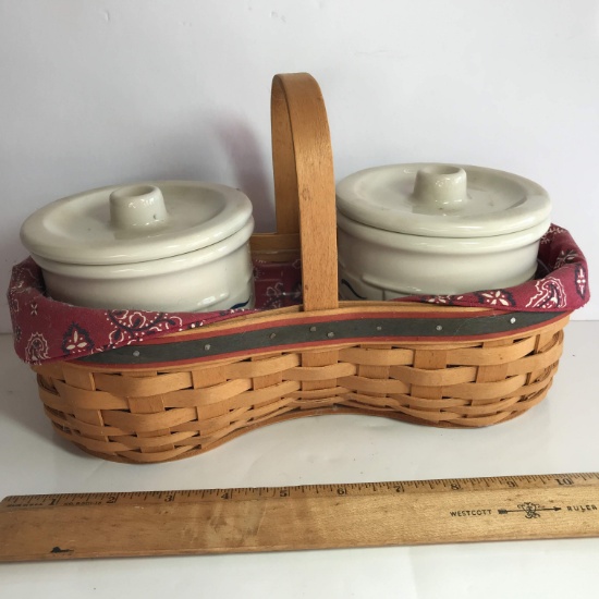 5 pc Longaberger Basket with 2 Lidded Canisters, Liner & Plastic Liner