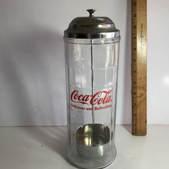 1992 Coca-Cola Glass Straw Dispenser with Metal Lid