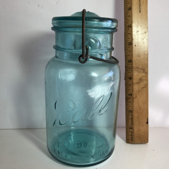 1908 Blue Glass Ball Mason Jar with Glass Lid