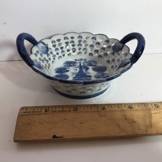 Small Blue and White Porcelain Open Lace Double Handled Basket