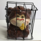Vintage Ceramic Monkey Bank in Cage