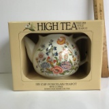 High Tea English Style 6 Cup Porcelain Teapot w/Cover 24 Karat Hand Banded Gold Trim in Box