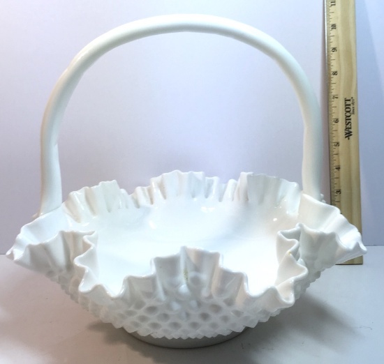 Vintage Hobnail Milk Glass Basket with handle & Ruffled Edge
