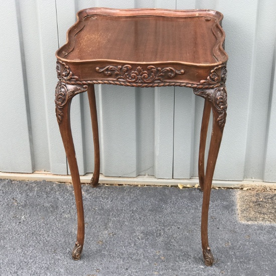Amazing Intricately Carved Side Table with Queen Anne Legs & GLass Top