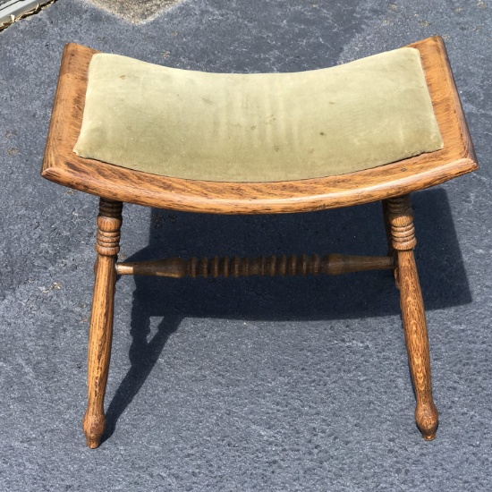 Vintage Tiger Oak Vanity Stool with Hand Spun Legs & Cushioned Top