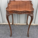 Amazing Intricately Carved Side Table with Queen Anne Legs & Glass Top