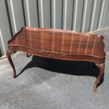 Amazing Intricately Carved Coffee Table with Queen Anne Legs & Glass Top