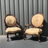 Gorgeous Victorian Antique His & Hers Parlor Chairs with Beautiful Carvings & Floral Upholstery