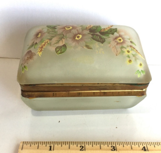 Vintage Green Floral Satin Glass Keepsake Box