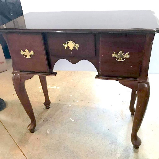Pretty 3 Drawer Wooden Tall Accent Table with Brass Pulls & Queen Anne Style Cabriole Legs