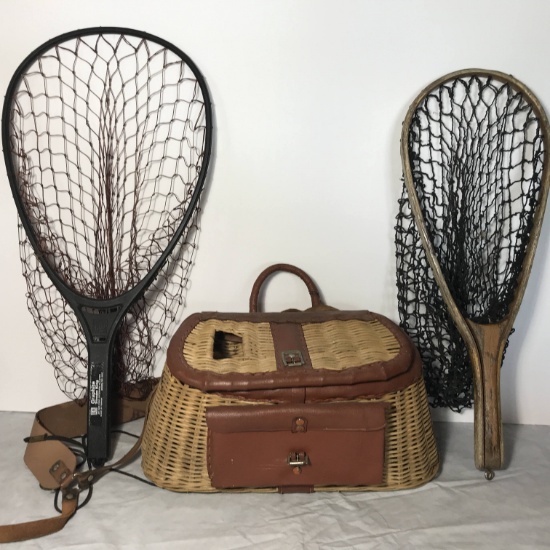 Woven Wicker Fishing Basket, Graphite Stream King Fish Net & Wooden Handled Fishnet + More