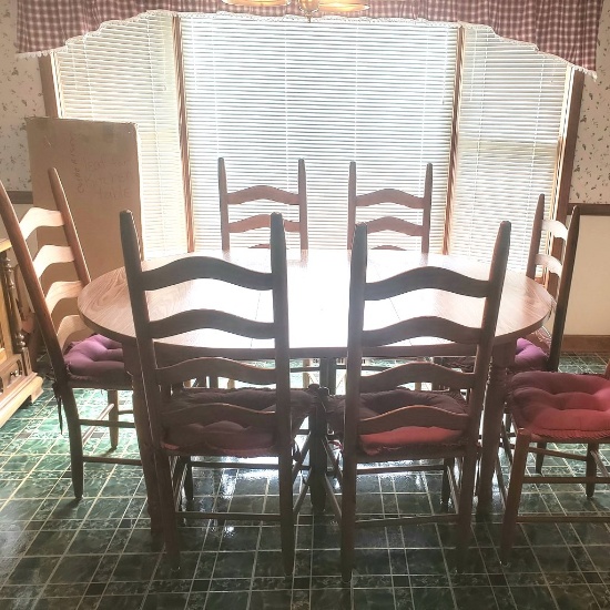 Vintage Oval Dining Room Table with Seven Ladder Back Chairs and Leaf