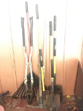 Lot of Yard Tools - 3 Shovels, Pick Axe, Post Hole Digger & Rake