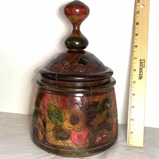 Impressive Intricately Hand Carved Wooden Vessel with Lid with Floral Design from Dominican Republic