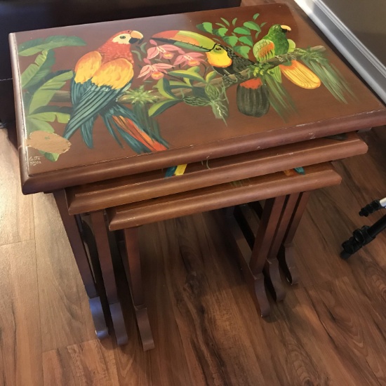Amazing Set of 3 Hand Painted Nesting Tables From Costa Rica with Colorful Parrots
