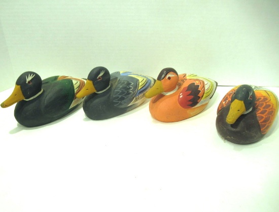 4 Carved Painted Wood Ducks