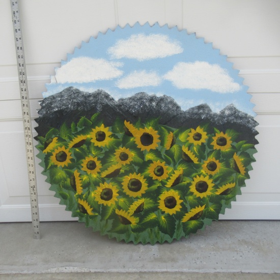Hand Painted Circular Saw Blade Folk Art Painted with Sunflowers, Mountain, Sky & Clouds