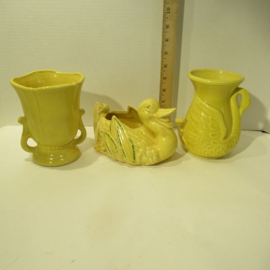 3 Yellow Pottery Planters  McCoy & Other Swan, Duck, & Urn
